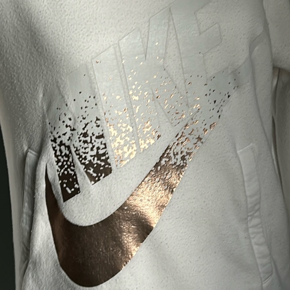 Nike Women’s Rose Gold Nike Swoosh Front Logo Funnel Neck Pullover Hoodie - Picture 2 of 6